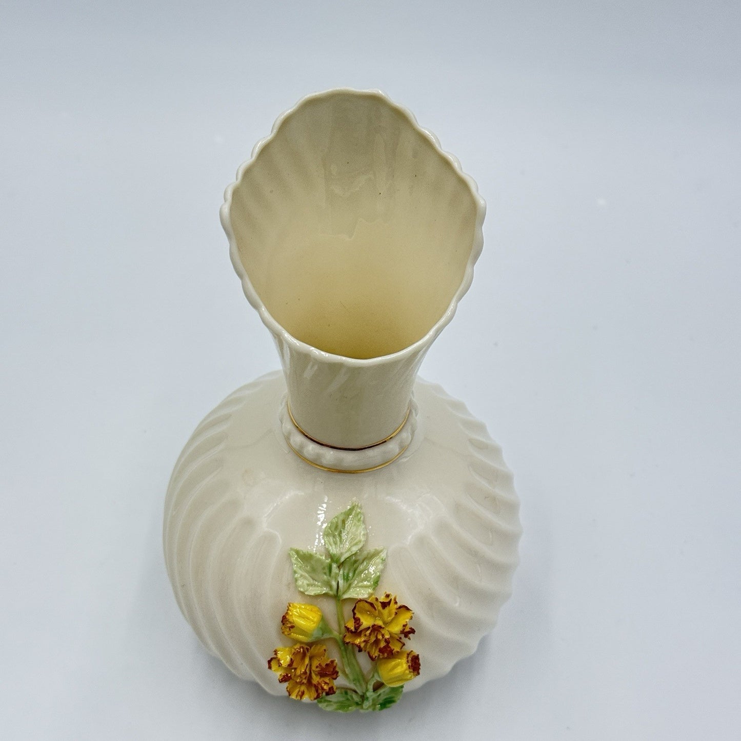 Belleek Ireland Vase Off White Applied Yellow Floral Vintage 7in Tall Porcelain