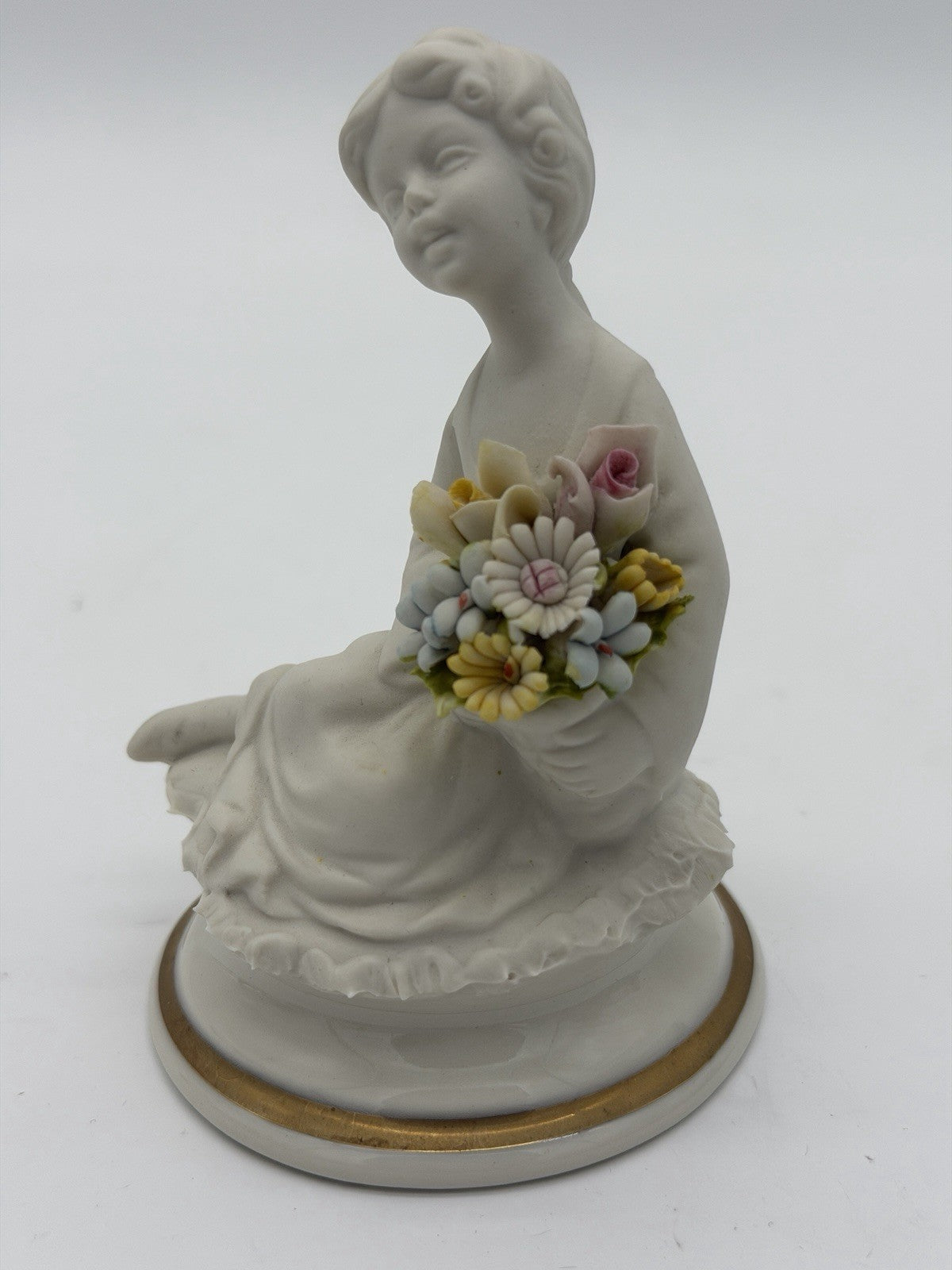 Capodimonte Italy White Bisque Porcelain Signed Marcolin Girl W/flowers Figurine