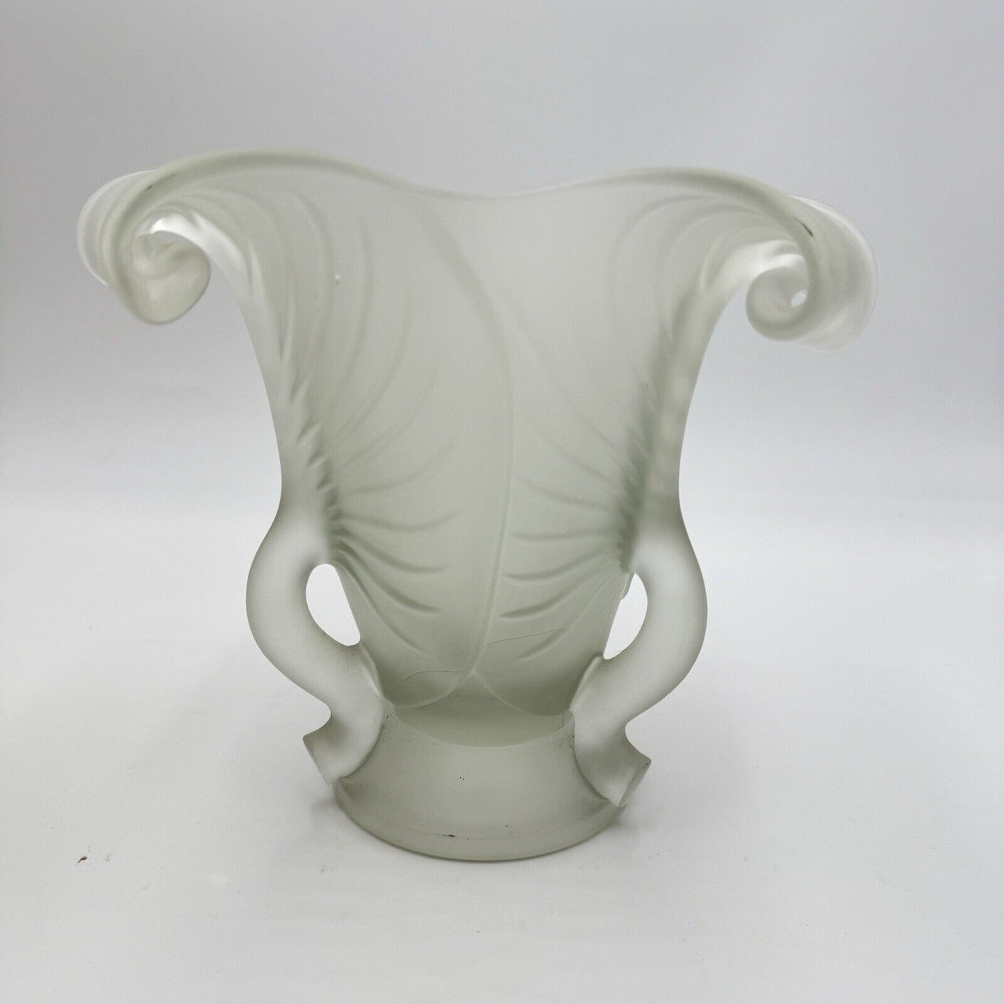 MCM Frosted Satin Art Glass 3 Leaf Pedestal ART NOUVEAU 3 Handle VASE 7” H