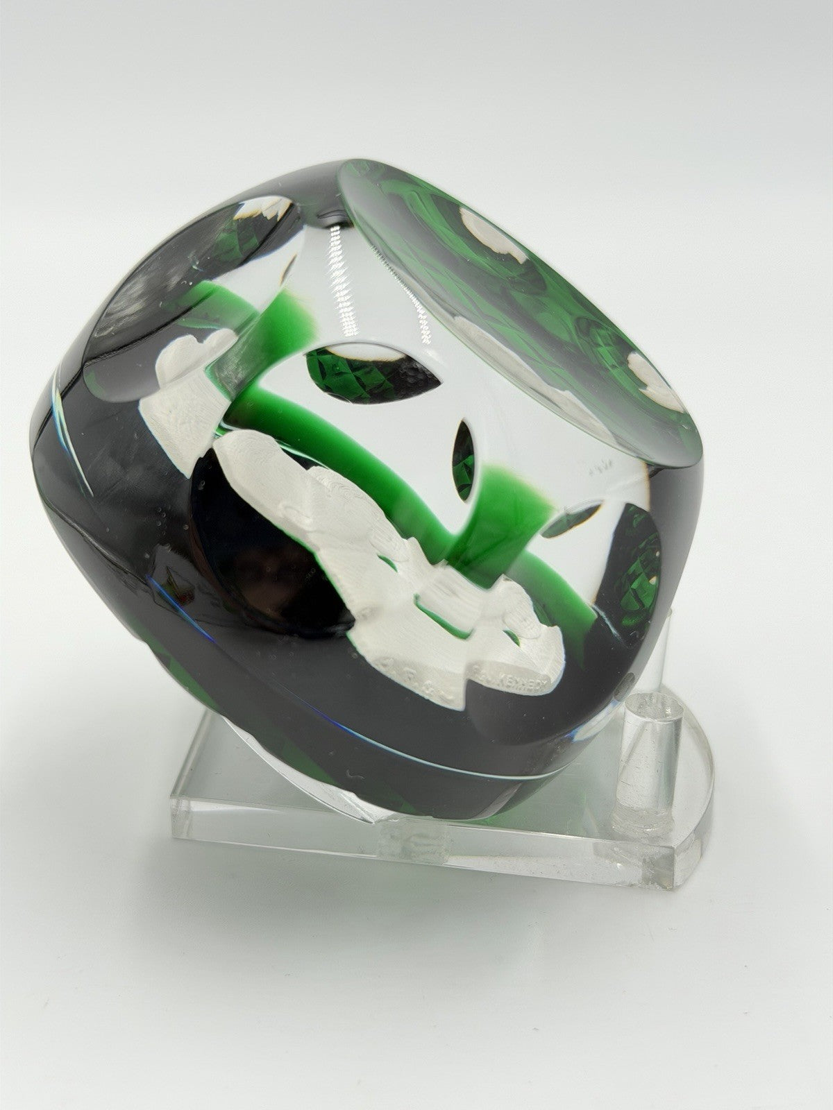 D'Albret Crystal France JFK Jackie Kennedy Sulphide Paperweight Faceted Green