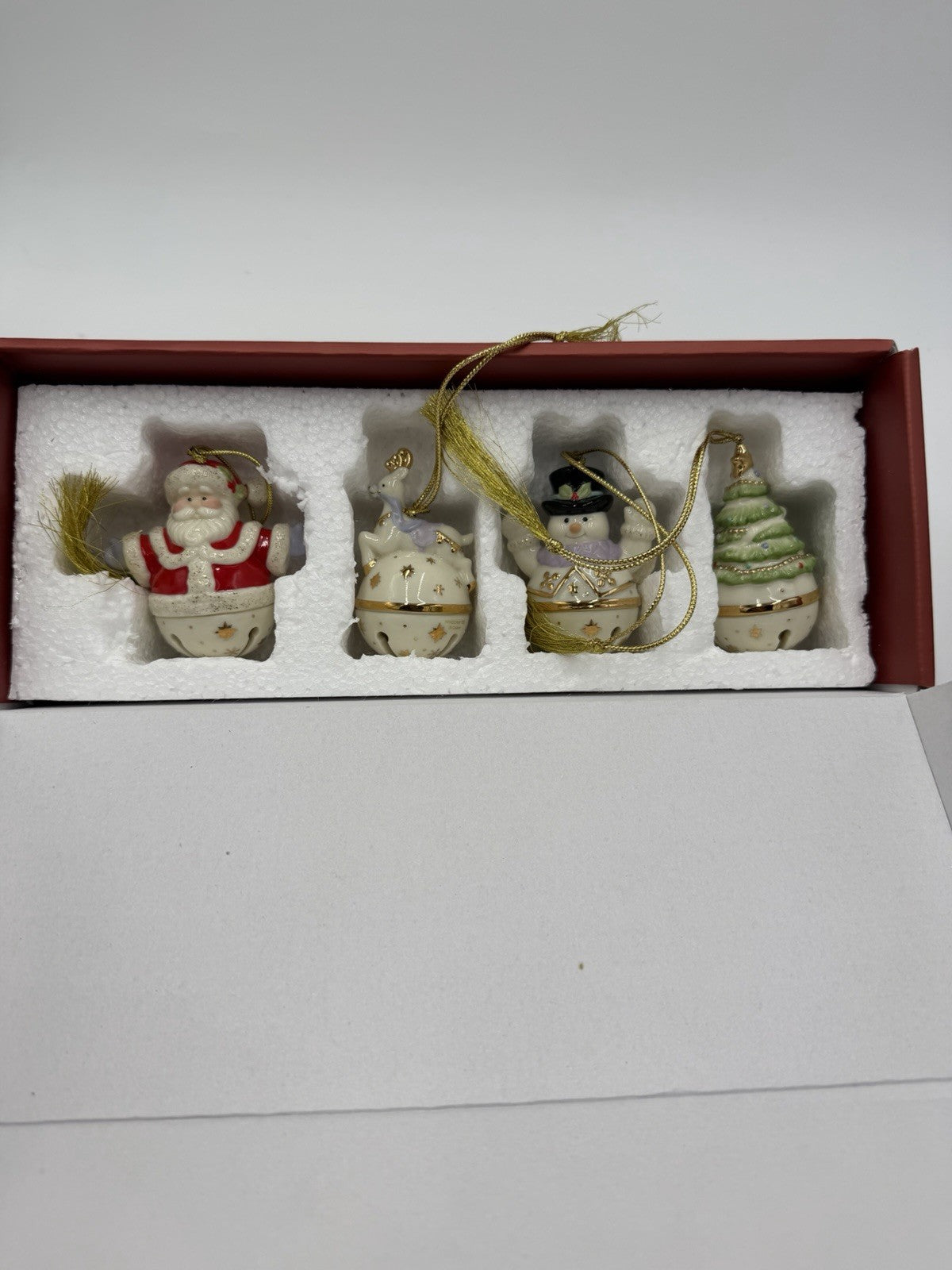 Lenox Porcelain USA Mini Sleigh Bells Ornaments Set Of 4 Reindeer Santa Snowman
