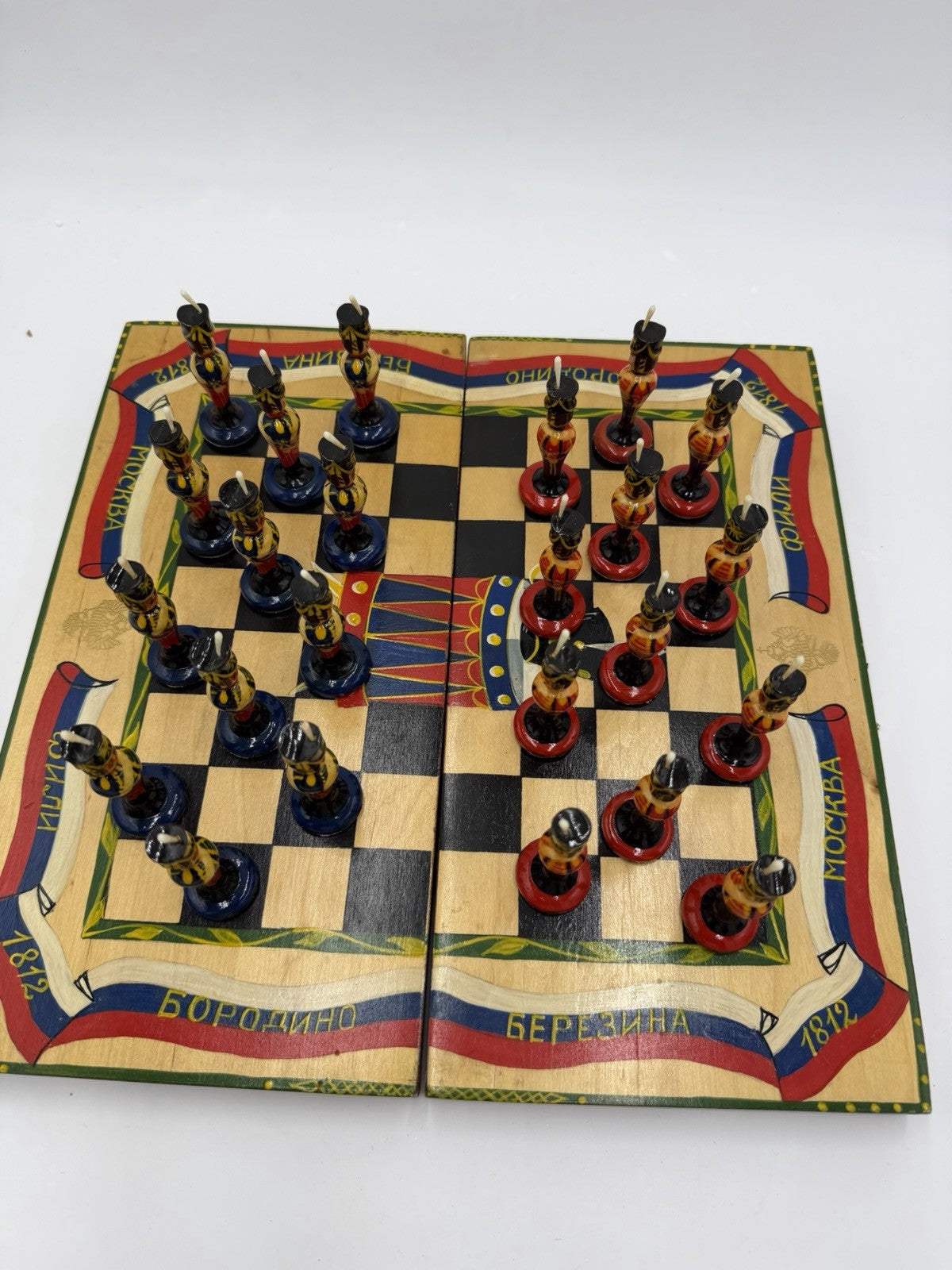 Russian vintage Matryoshka chess set 24 Pawns Plus Wooden Board Soldiers