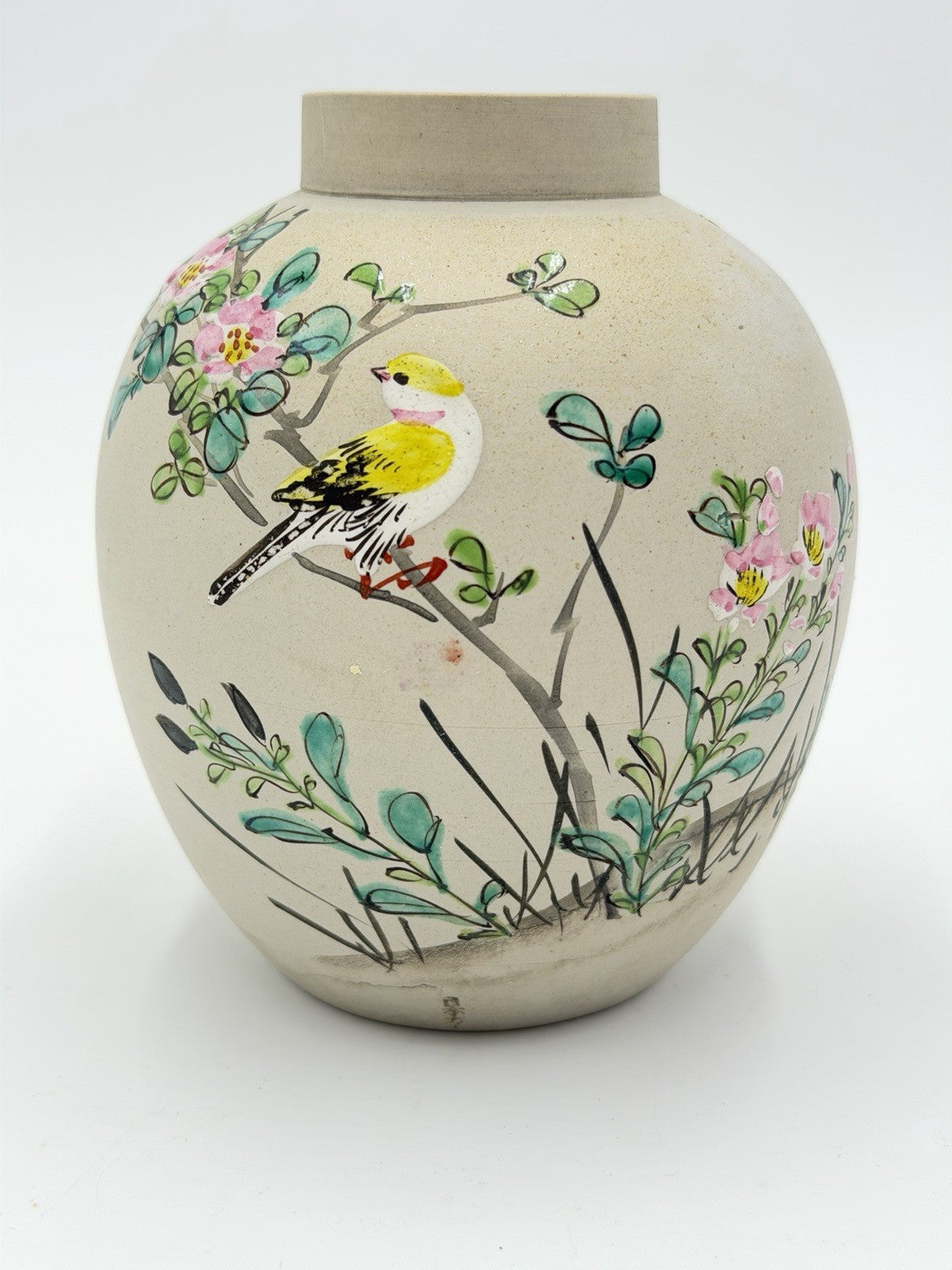 Antique Japanese Pottery Cherry Blossom Yellow Goldfinch Painted Vase 5”H