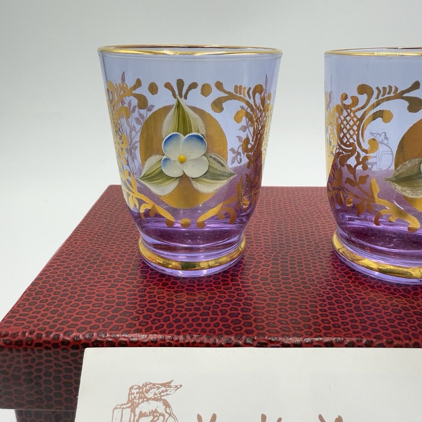 Murano Art Glass Vecchia Italy Lavender Shots Pair Glasses Set 2 Box /COA Vintag