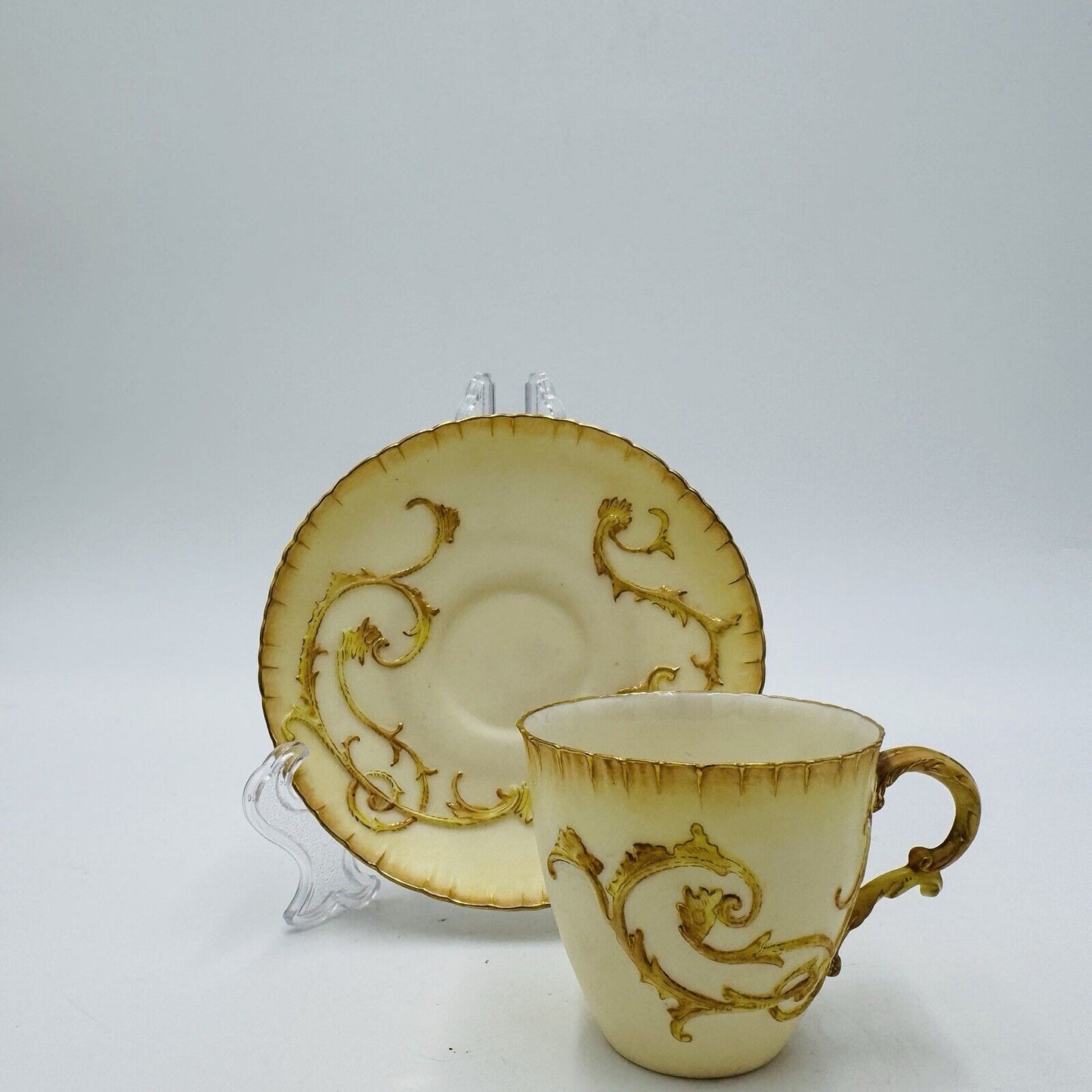 Antique 19th Royal Worcester Hand Painted Tea Cup & Saucer #1564 Embossed Gilt