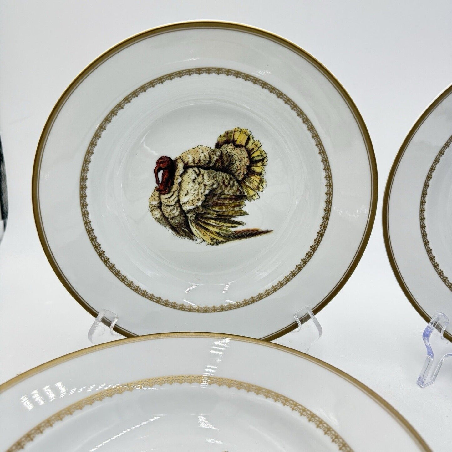 Estate Turkey Rim Soup Bowls Williams Sonoma Pasta Gold Trim Tom Gobbler 4 PCs