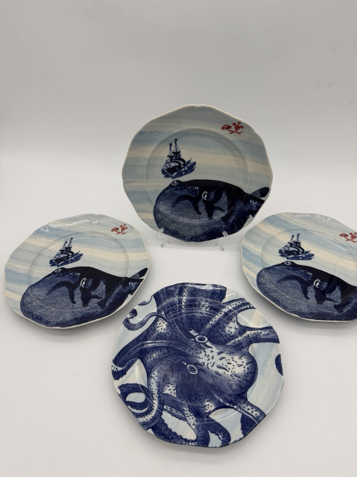 Anthropologie From the Deep SET 4 Salad Dessert Plate 7.5” Ocean Fish Nautical