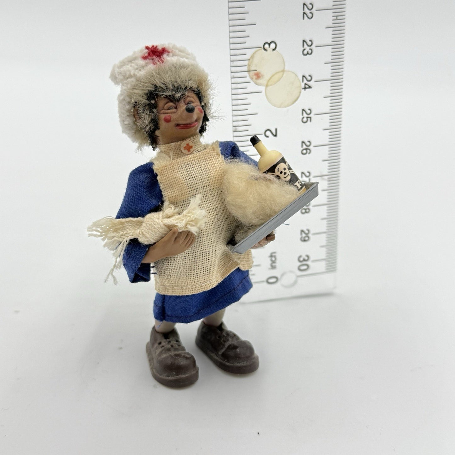 Vintage Peter Mecki 3.5" Steiff Hedgehog Doll Nurse With Medicine Tray & Hat