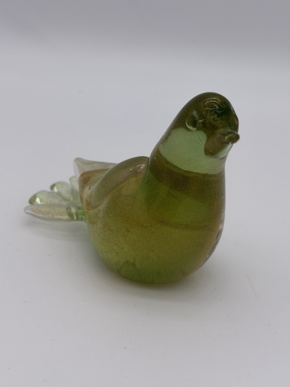 Formia Murano Italy Art Glass Green & Gold  Flecked Bird Hand Blown Figurine