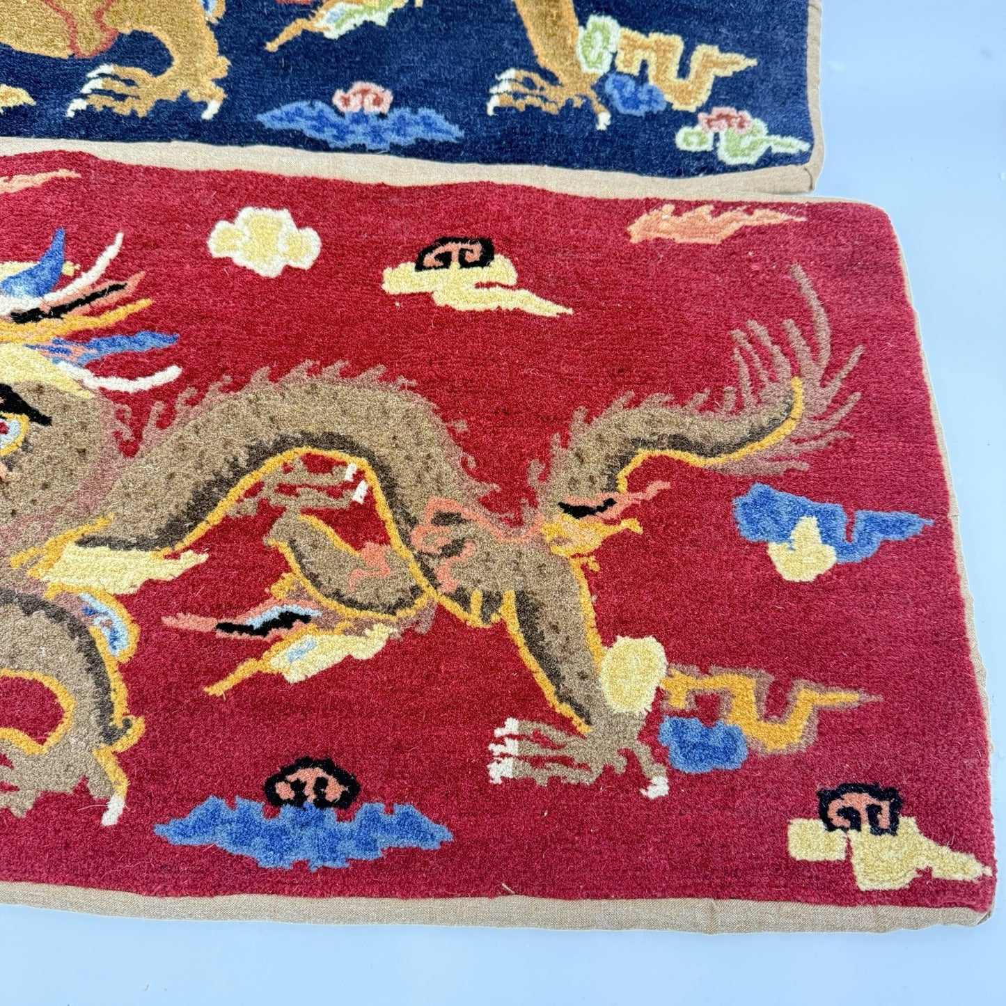 Vintage Art Deco Hand Woven Wool Dragon Chinese Throw Pillow Cases Blue and Red