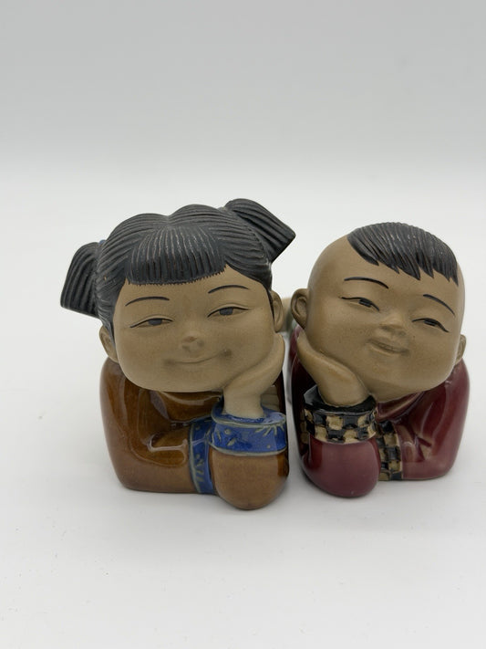 Vintage Chinese Japanese Pottery Painted Glazed Pair Boy & Girl Figurines