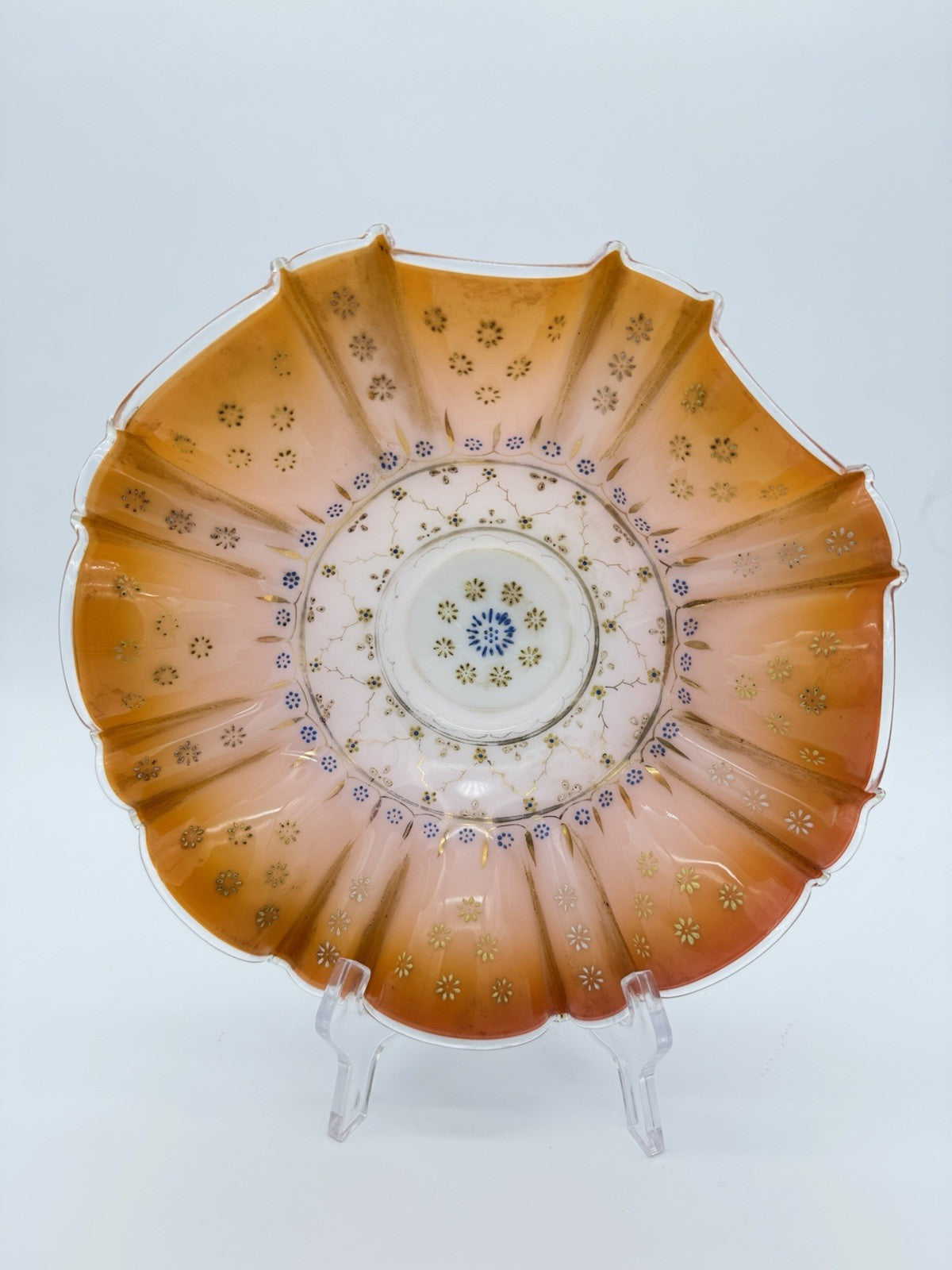 Antique Victorian Wedding Bride Art Glass Peach Ruffled Floral Hand Painted Bowl