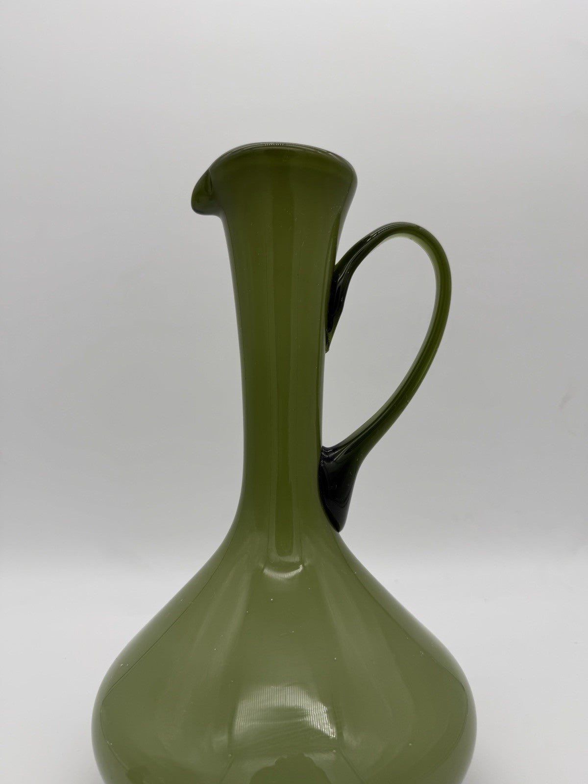 MCM Empoli Italy Olive Green Cased Art Glass Ewer Pitcher Wine Bottle Italy 12”