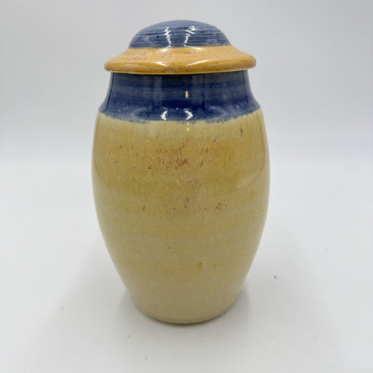 Vintage Martin Bleyer Art Pottery Urn Vase Glazed Yellow Blue W/lid 7”H