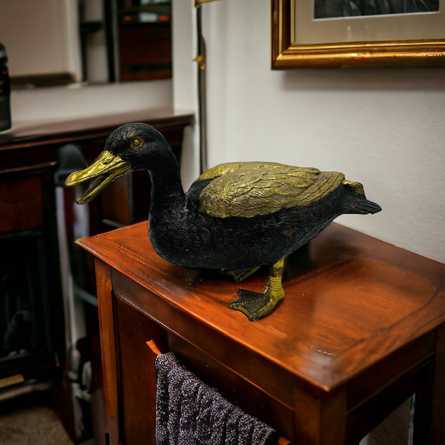 MCM Solid Brass Duck Mallard Sculpture Detailed Vintage 6in H x 11in L Rare