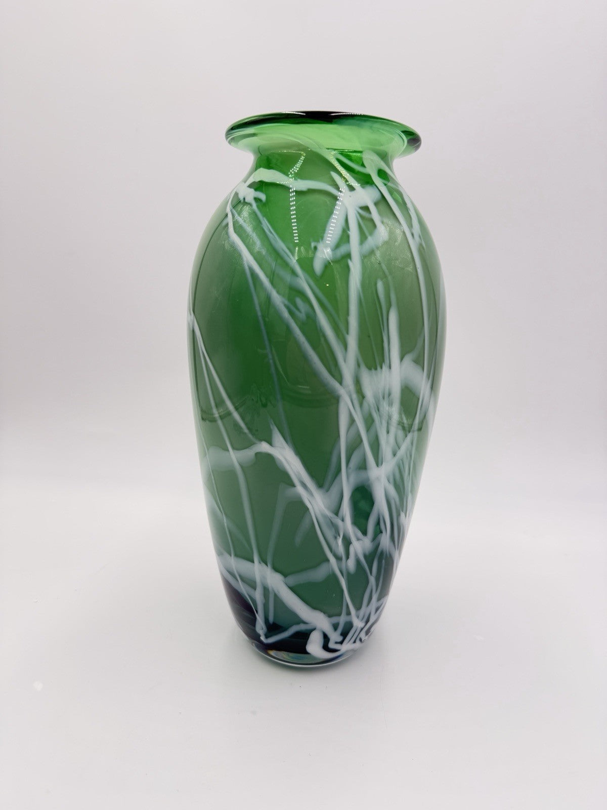 Rare Vintage James Kingwell Ice Fire Art Glass Green Large 11” Vase Signed