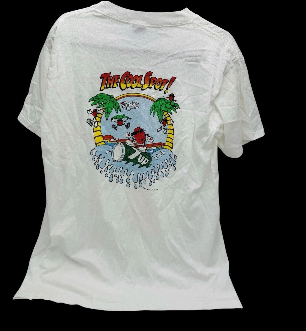Vintage 7 UP Soda Cotton Single Stitch Surfing T-Shirt Size L Made USA Retro