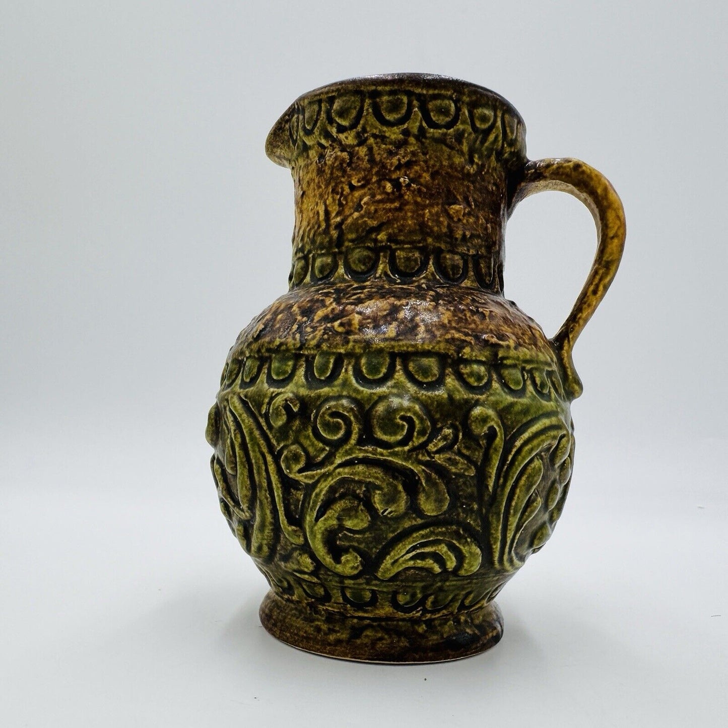 MCM Jasba pottery # 167715 art pitcher jug vase West Germany 6” Embossed