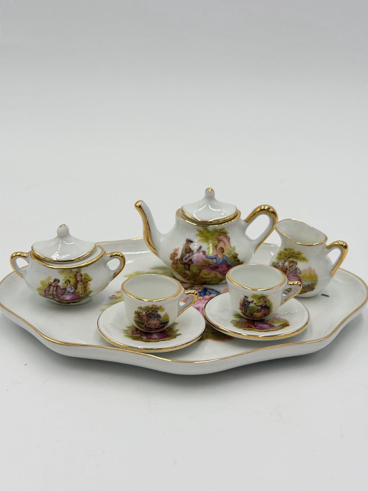 EME porcelain Spain miniature tea set romantic scene victorian 8 PCs  Dollhouse