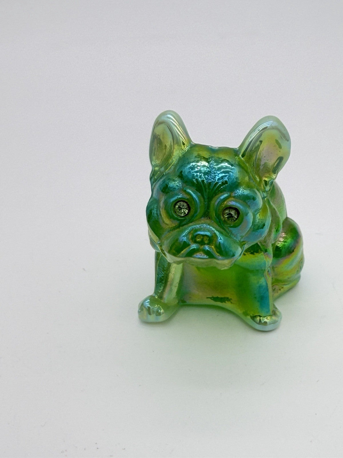Westmoreland Art Glass Green Iridescent French Bulldog Dog Figurine 2.5”H Mint