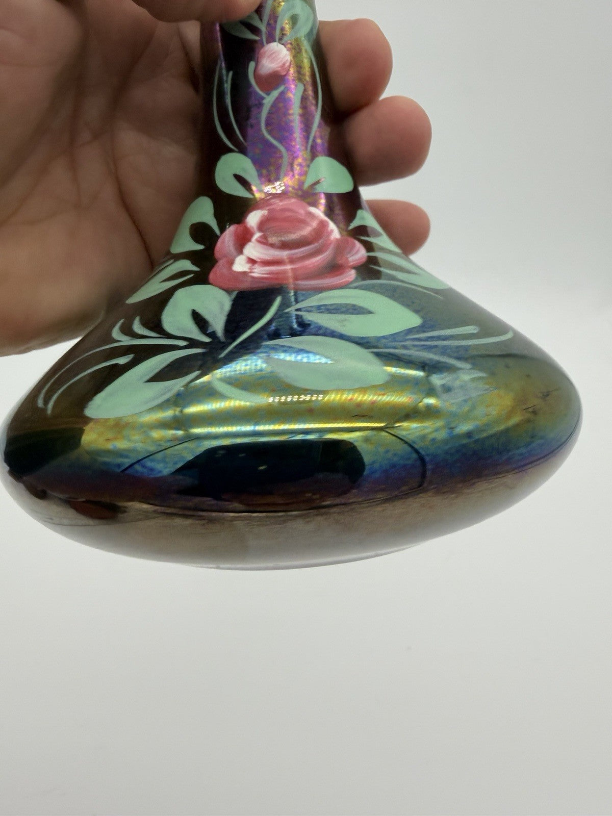 Vintage Art Nouveau Iridescent Art Glass Painted Rose Signed Vase 9”H