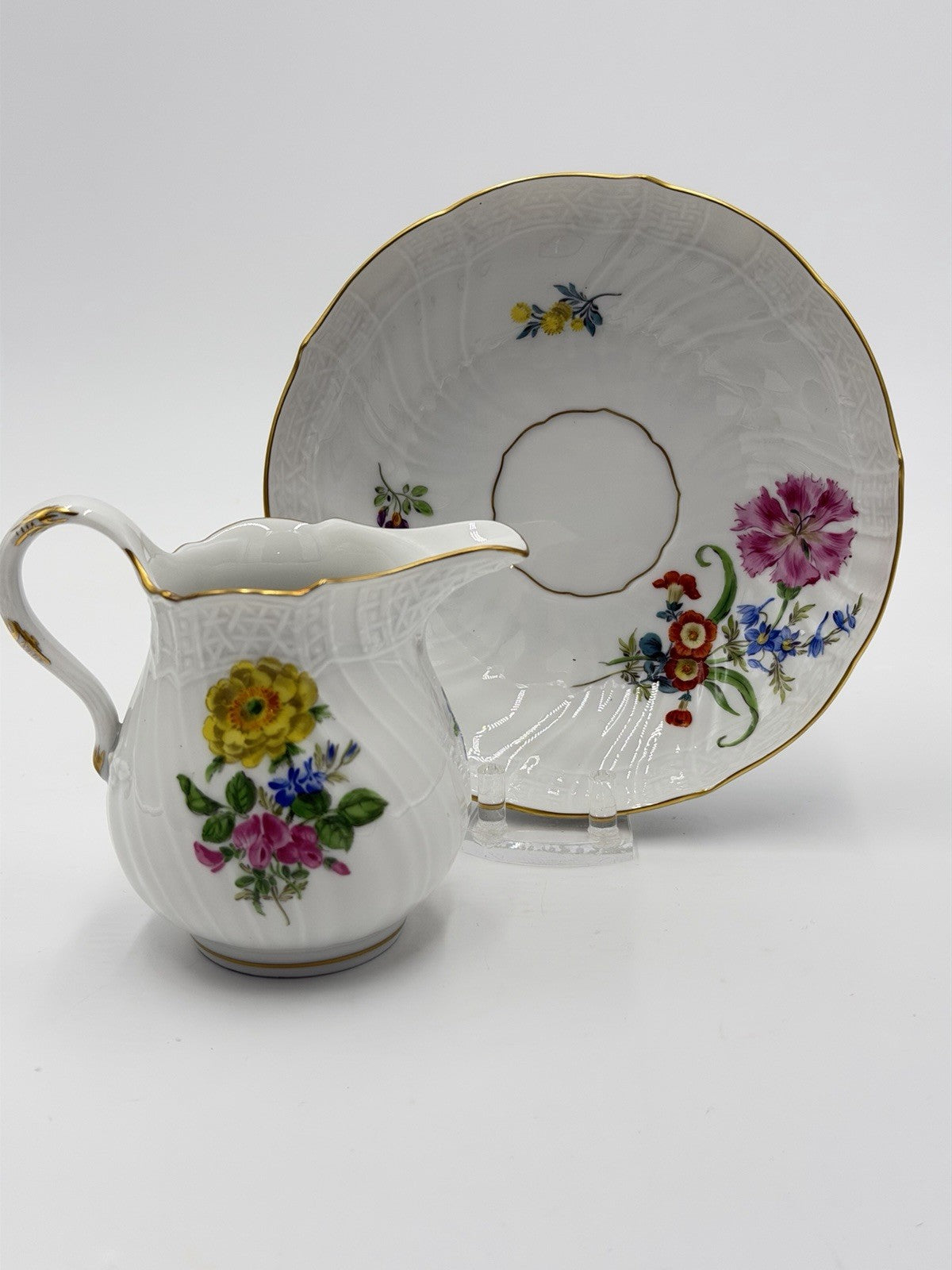 Antique Meissen Neubrandenstein Germany Porcelain Creamer & Saucer Set Floral