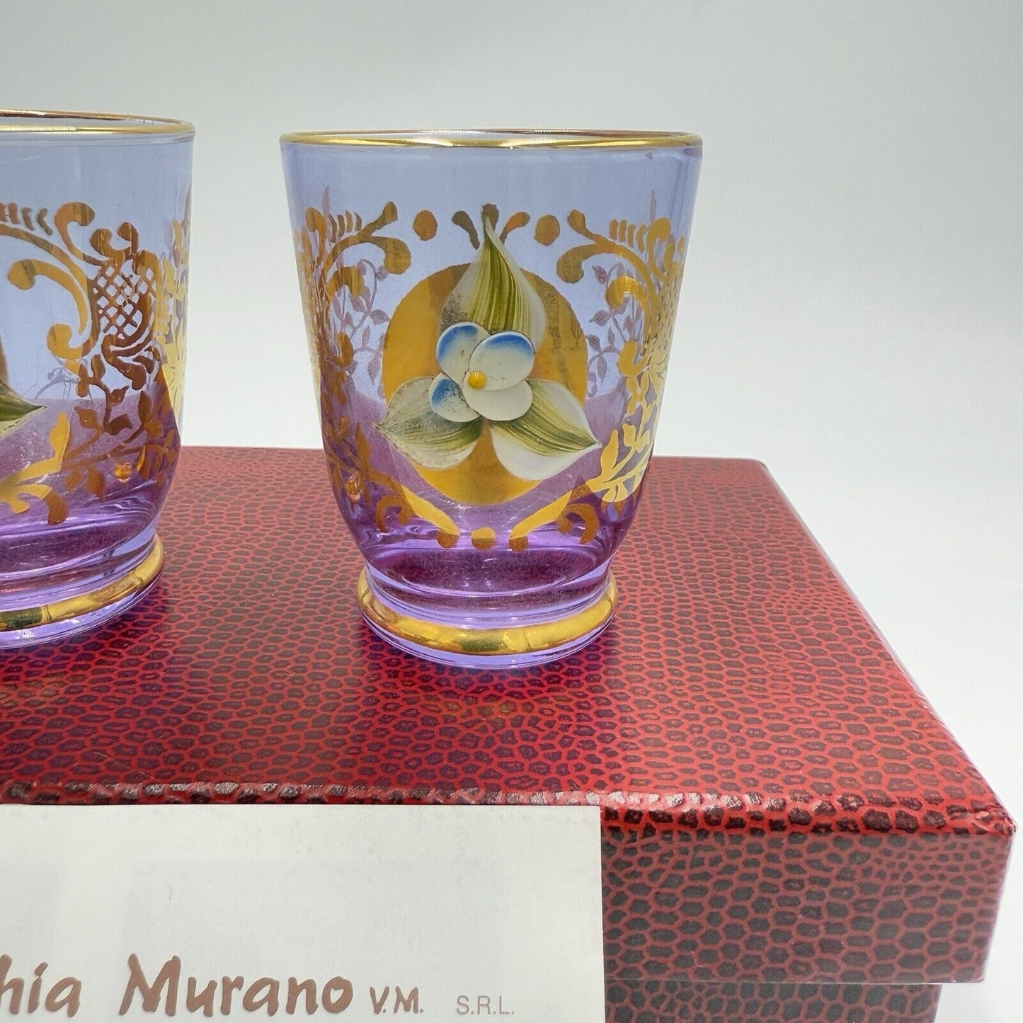 Murano Art Glass Vecchia Italy Lavender Shots Pair Glasses Set 2 Box /COA Vintag