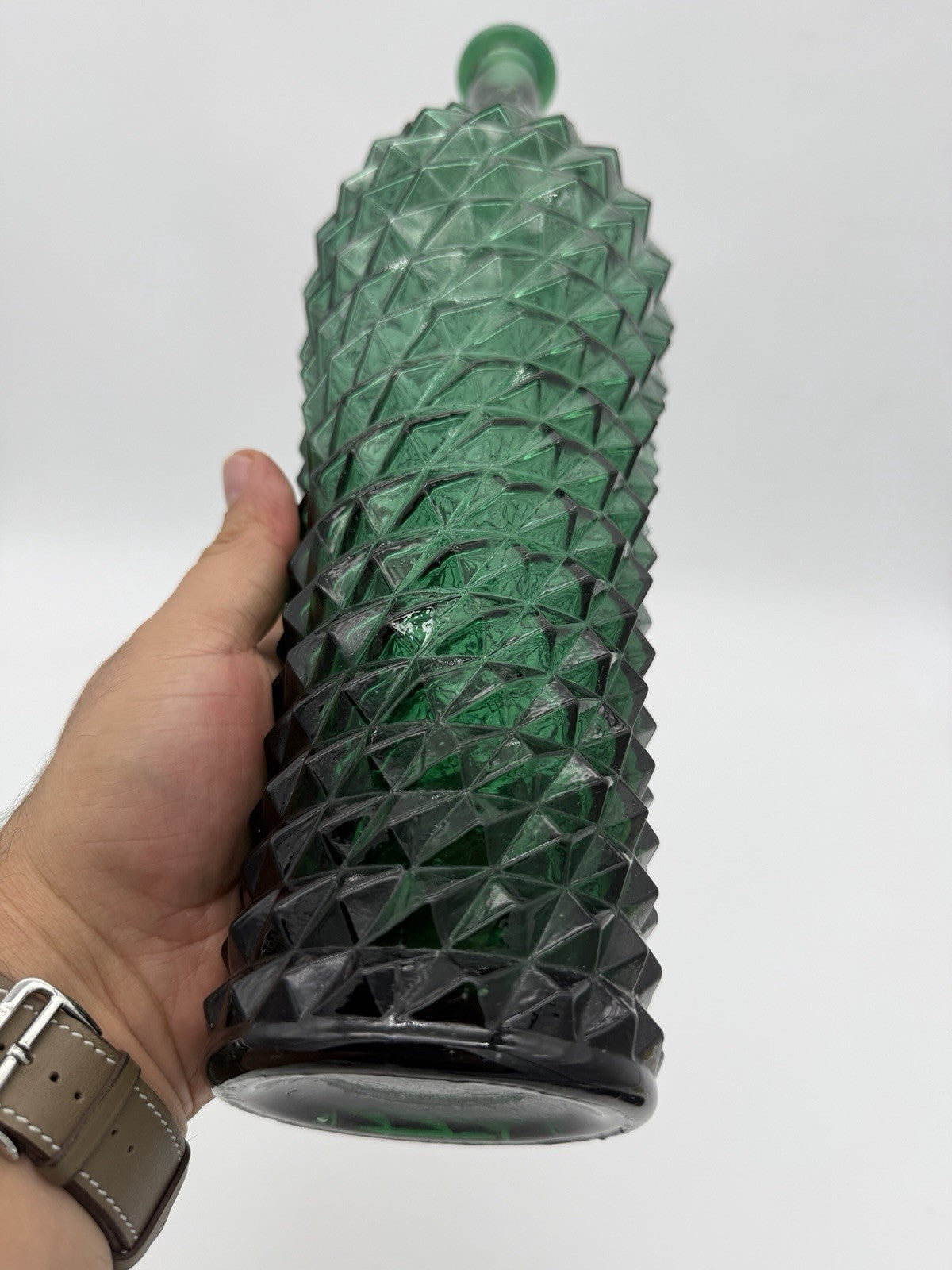 Vintage MCM Empoli Italy Diamond Cut Point Green Genie Bottle 16"H No Stopper