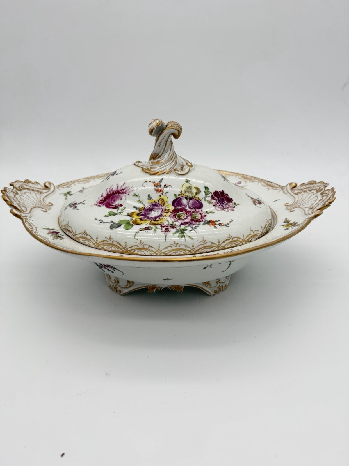 Antique Meissen 2pc Porcelain Lidded Tureen Caserole Dish Bowl FLoral Germany