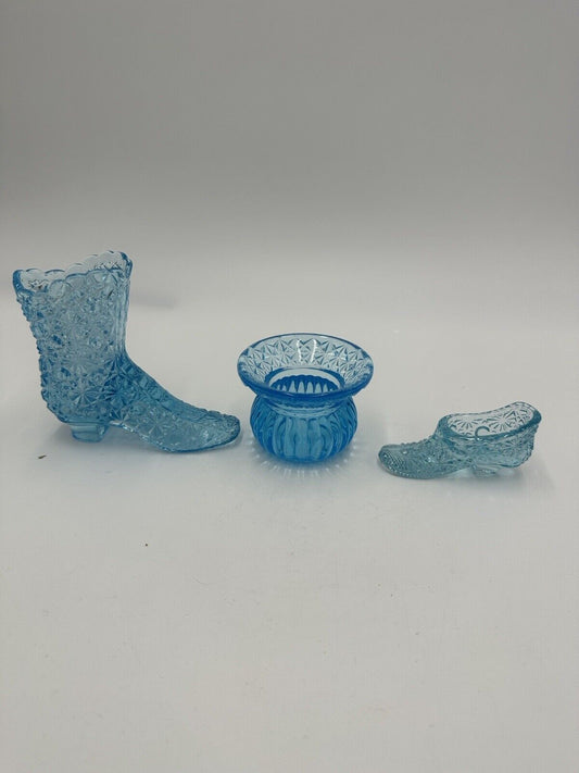 Fenton Victorian Shoes Set of 3 Mini Vase Vintage Aqua Blue Art Glass