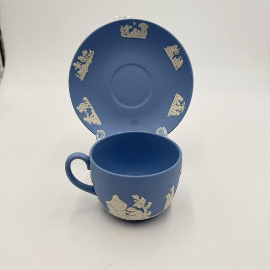 Wedgwood England Blue Jasper Ware Teacup & Saucer Greek Scene Cherub