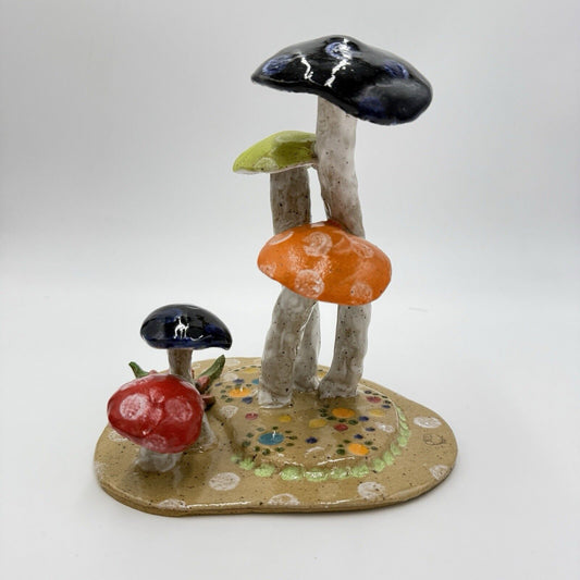 KD Signed Art Pottery Mushrooms Sculpture Studio Crafted Vintage Ceramic Painted