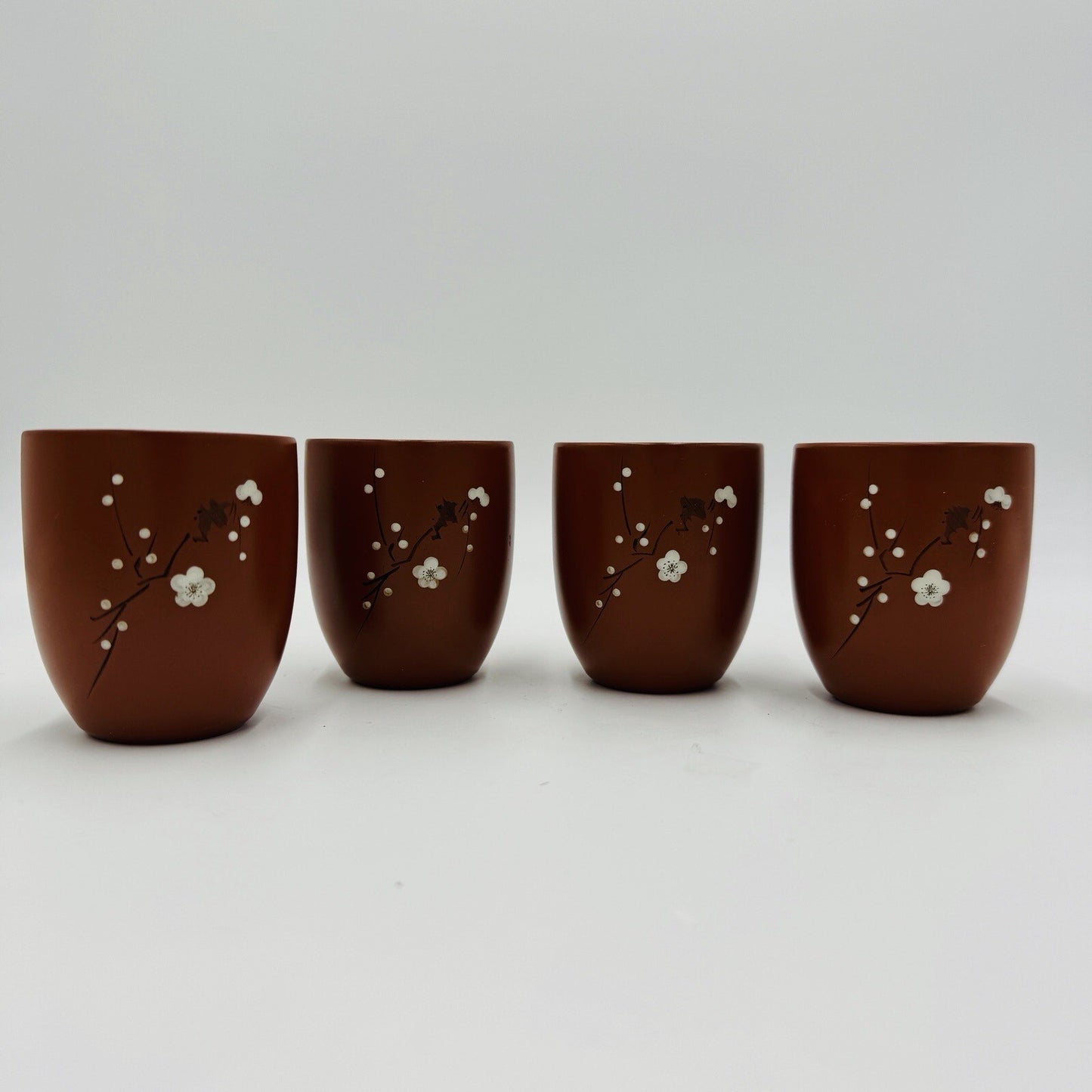 Yizing Zisha Zhu Terracota Plum Floral Tea Cups Set Signed 4 Pieces