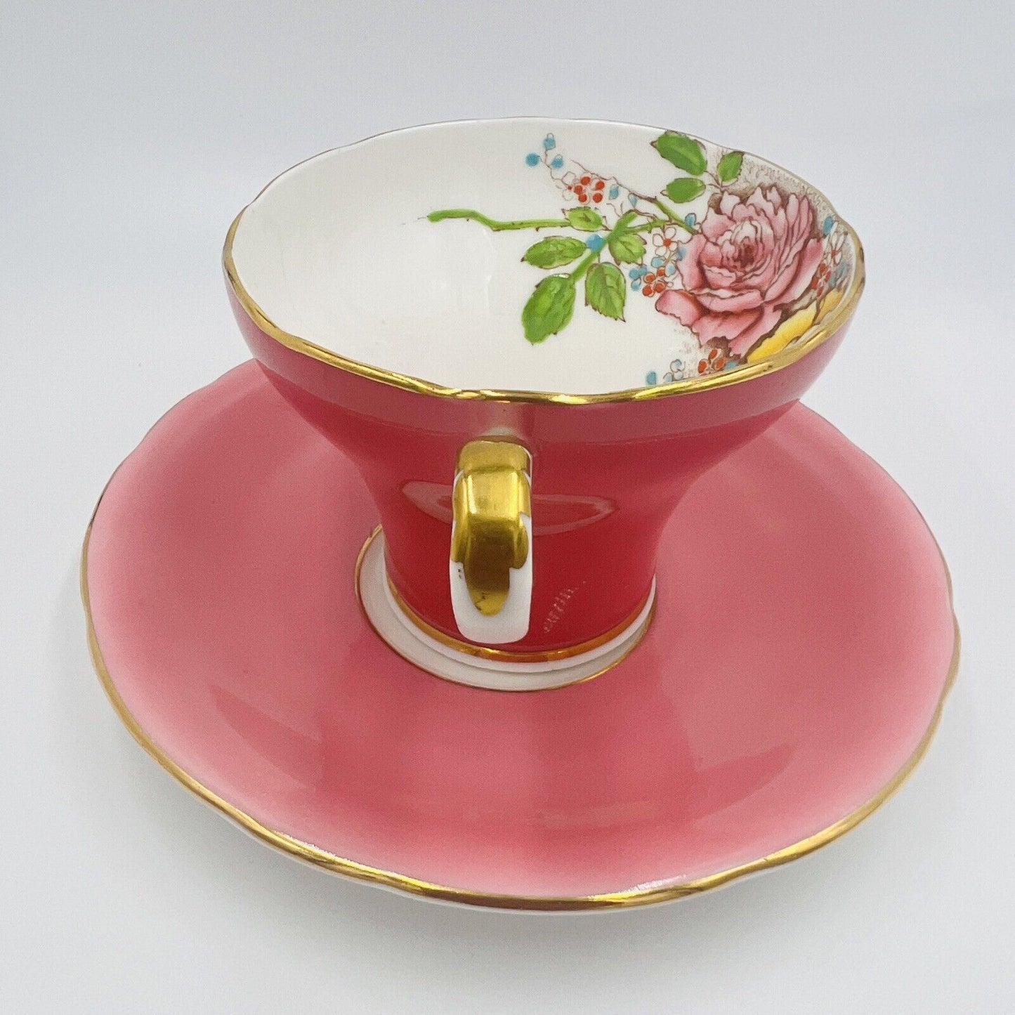 Aynsley Tea Cup and Saucer Set Cabbage Rose Pink Bone China T5025 Hand-painted