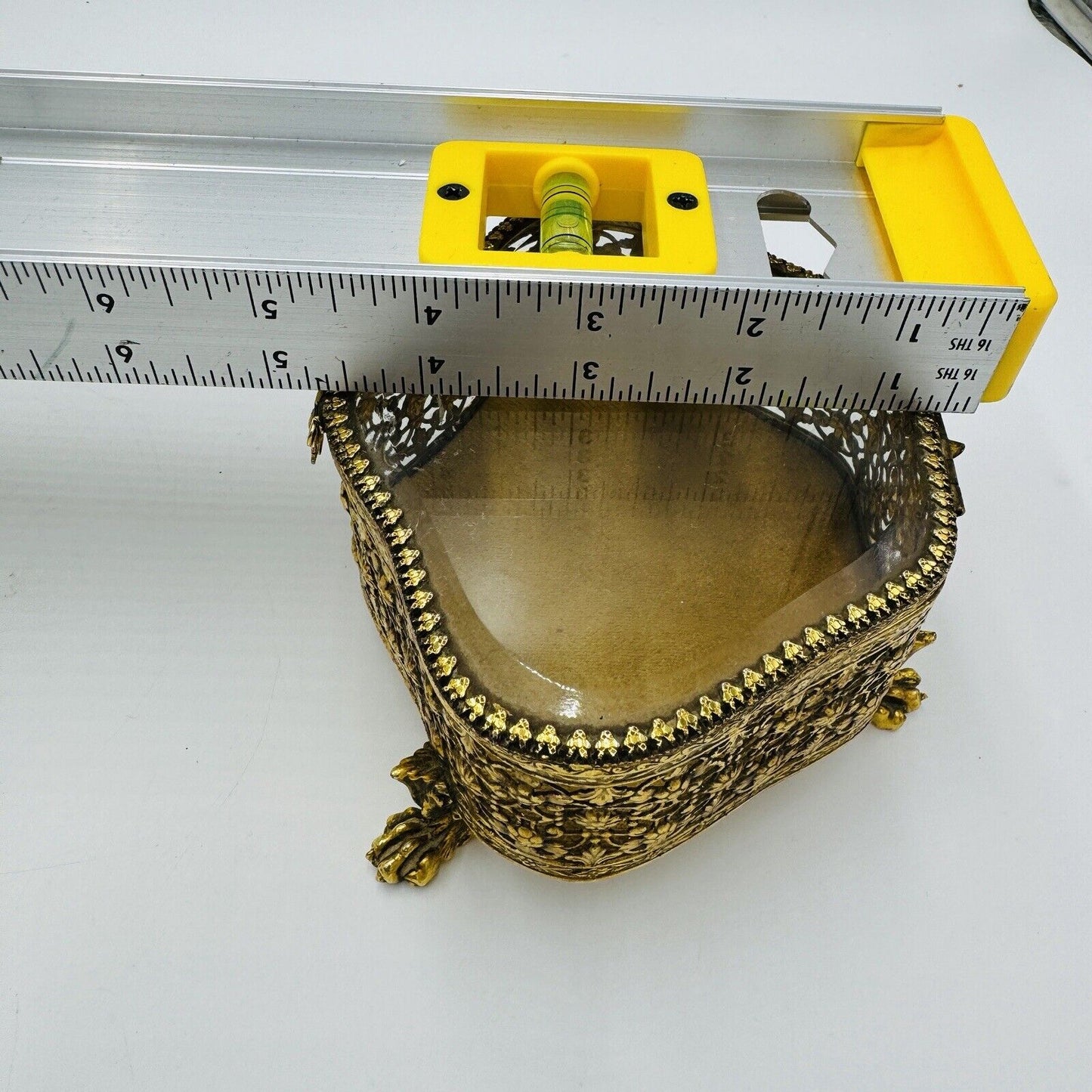 French Beveled Glass Gold Filigree Ormolu Jewelry Casket Box Claw Foot Vintage