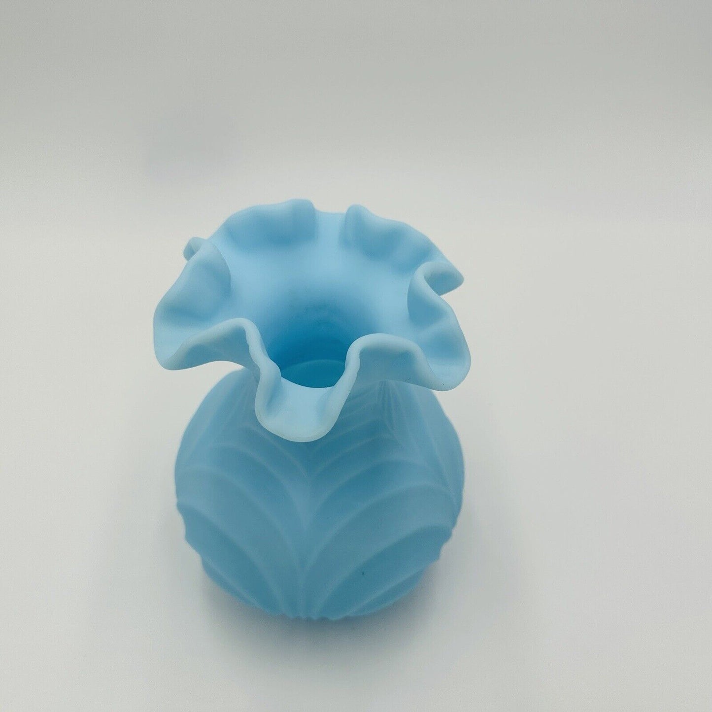 Fenton Vase Powder Blue Drapery Style Ruffled Satin Glass Top Large Vintage