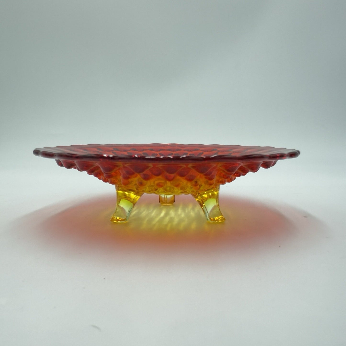 Vintage Fenton Art Glass AMBERINA Hobnail Footed Dish Bowl 7in Red Orange