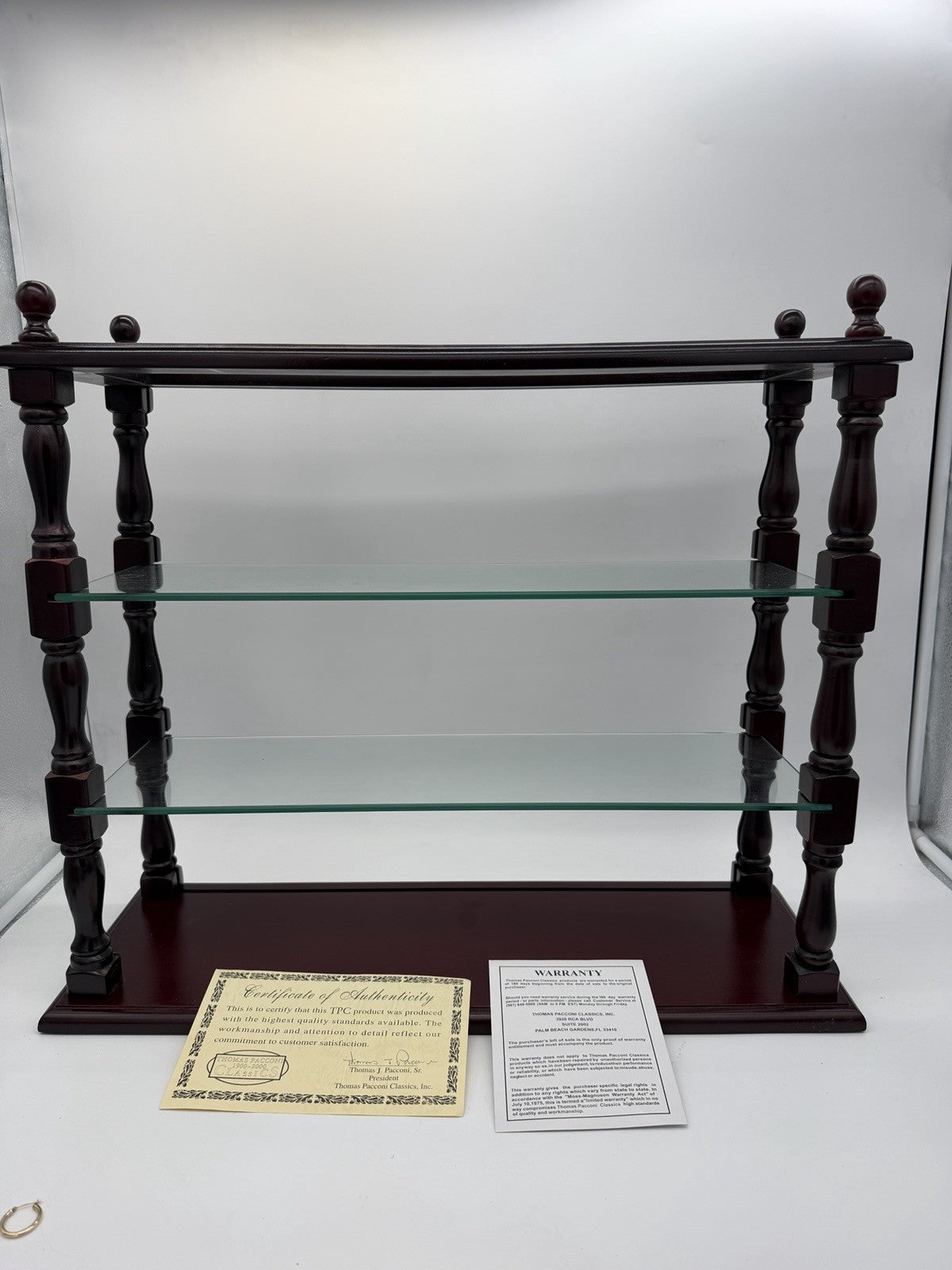 Vintage Thomas Pacconi Classics Wooden Mahogany Wall Shelf  Glass Display