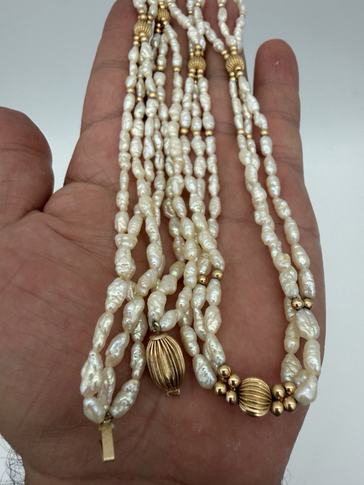 14K Yellow Gold Ribbed Beaded Freshwater Pearl Necklace Triple Strand 31”