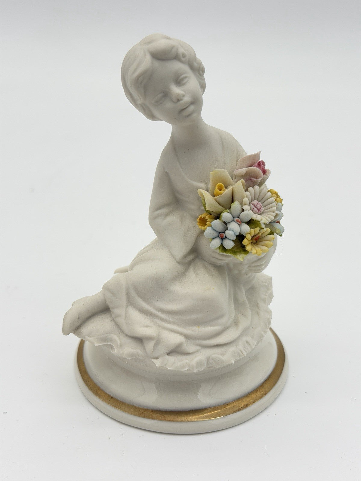 Capodimonte Italy White Bisque Porcelain Signed Marcolin Girl W/flowers Figurine