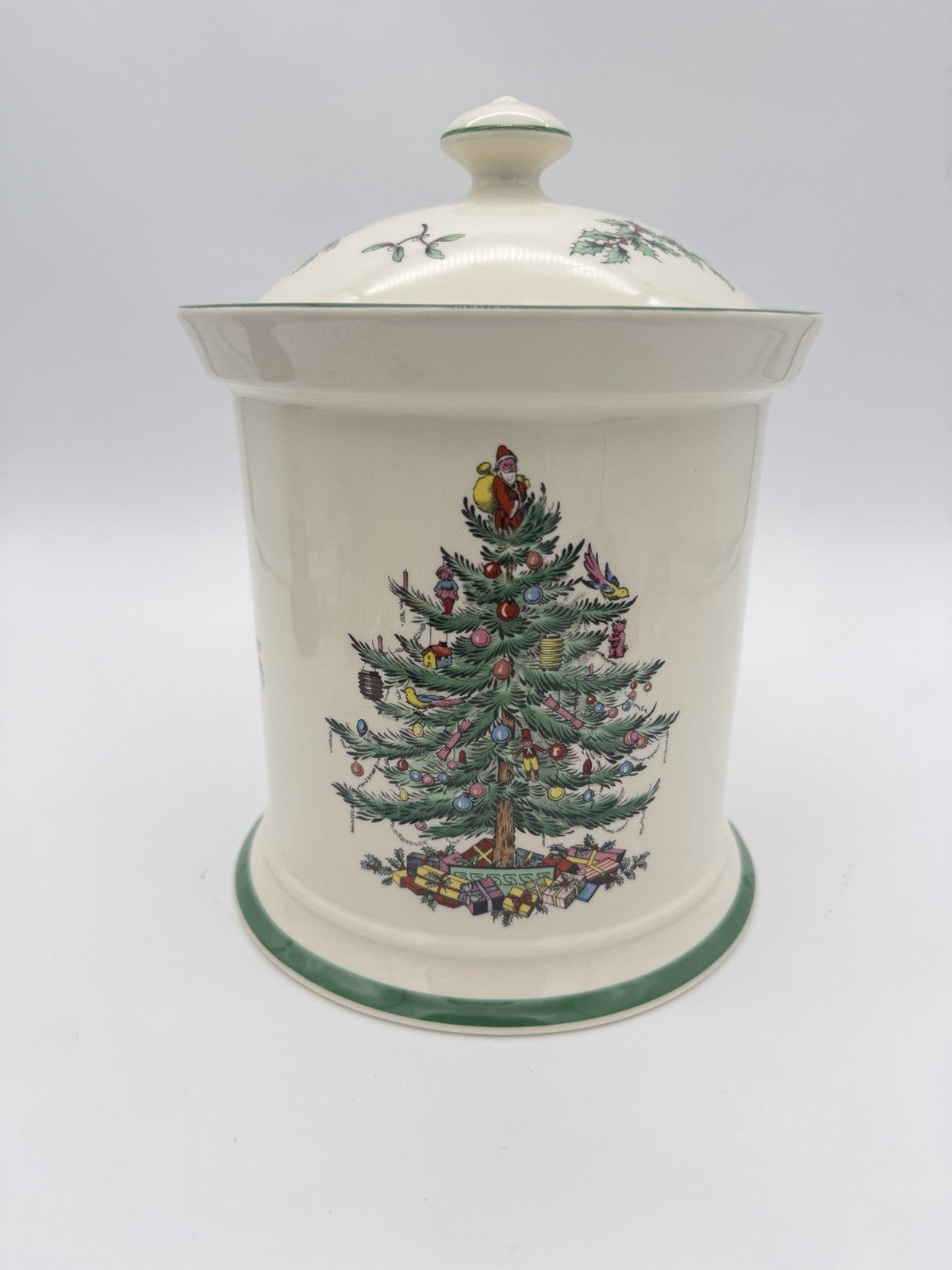 Spode Christmas Tree Canister Cookie Jar W/Rubber Seal On Lid 9”H Vtg England
