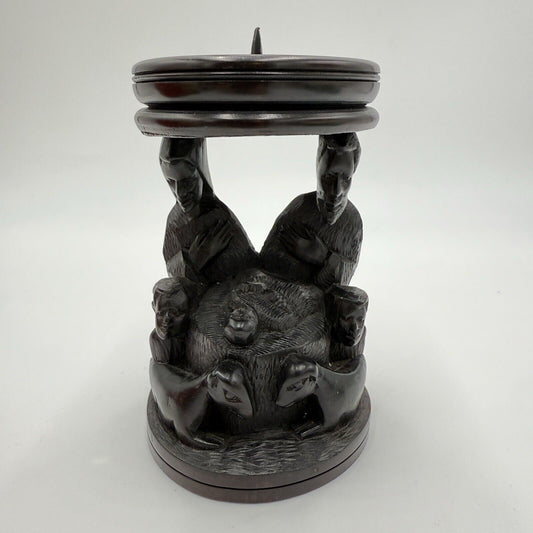 Vintage hand Carved Ebony Wood Nativity Candle Holder Solid Folk Art 6.5”