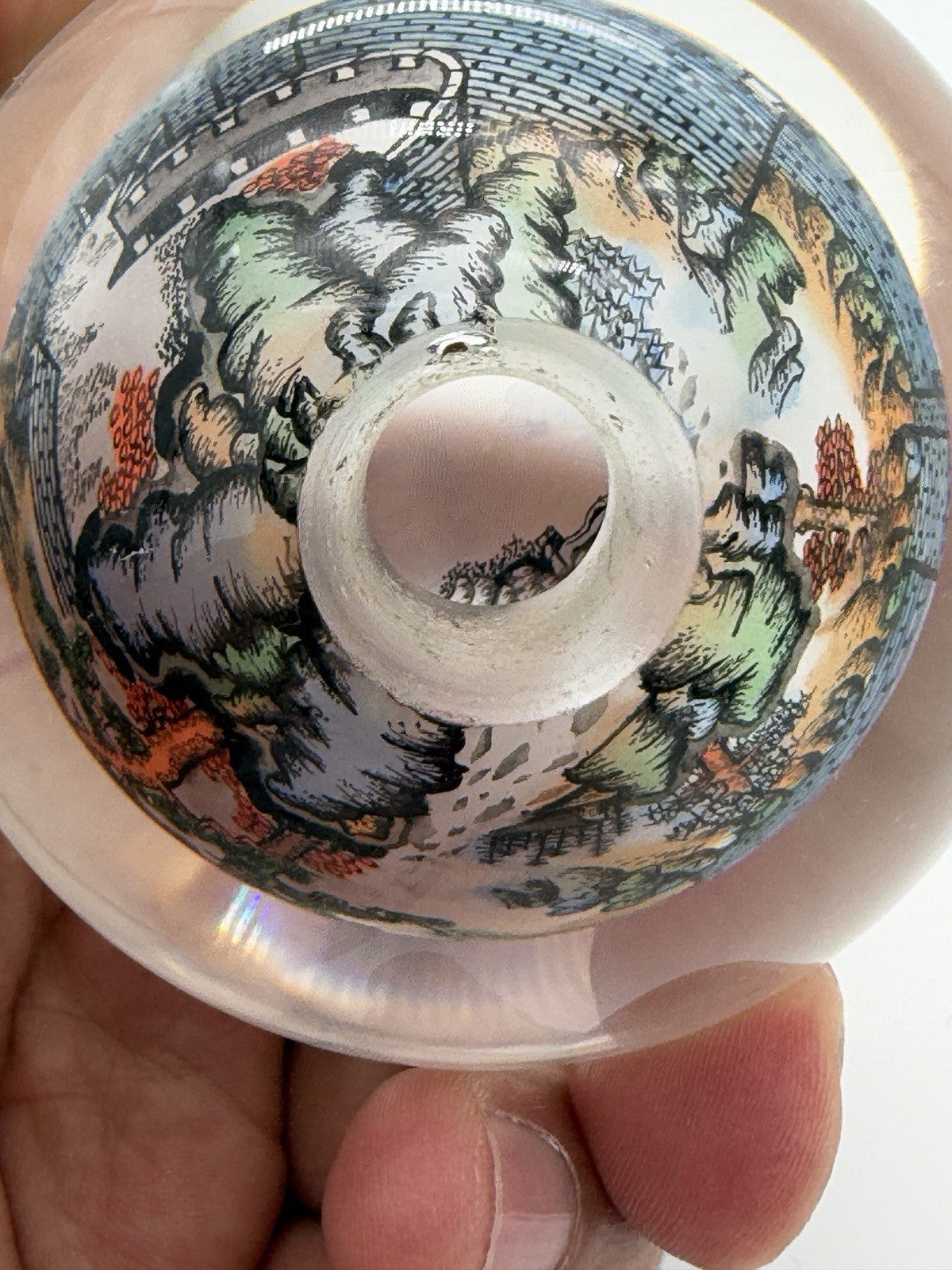 Chinese Reverse Painted Great Wall Art Glass Crystal Ball Sphere Signed 3.5”
