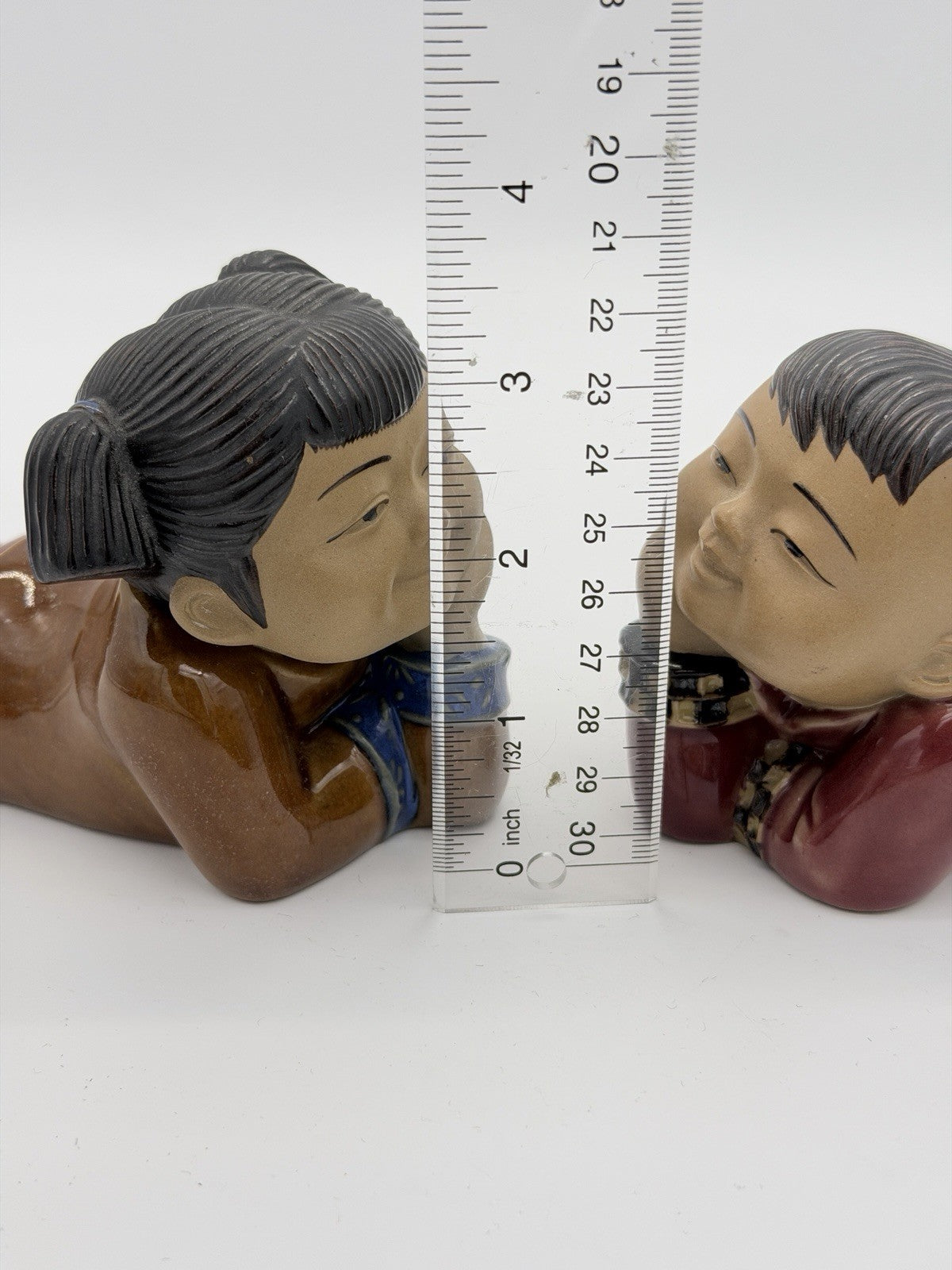 Vintage Chinese Japanese Pottery Painted Glazed Pair Boy & Girl Figurines