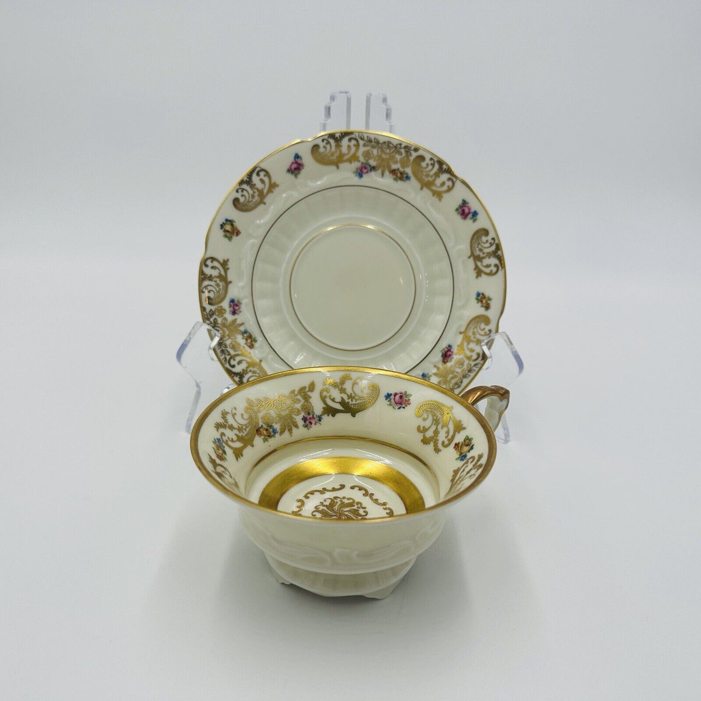 Hertel-Jacob Rehau Teacup Saucer Bavaria Porcelain 9624 Floral Gold Trim German