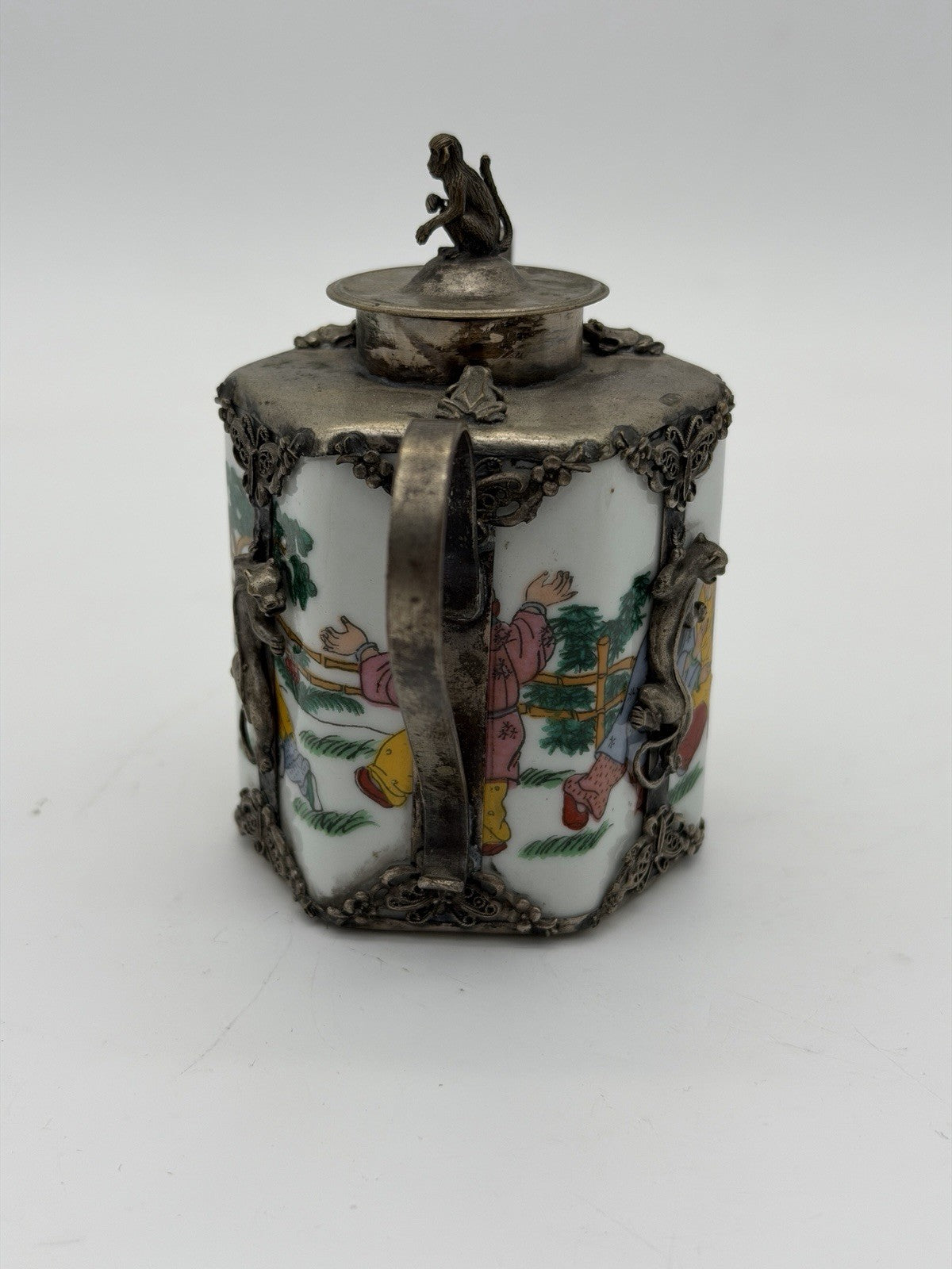 Antique Guangxu reign hexagonal Qing Dynasty Chinese metalwork pewter teapot