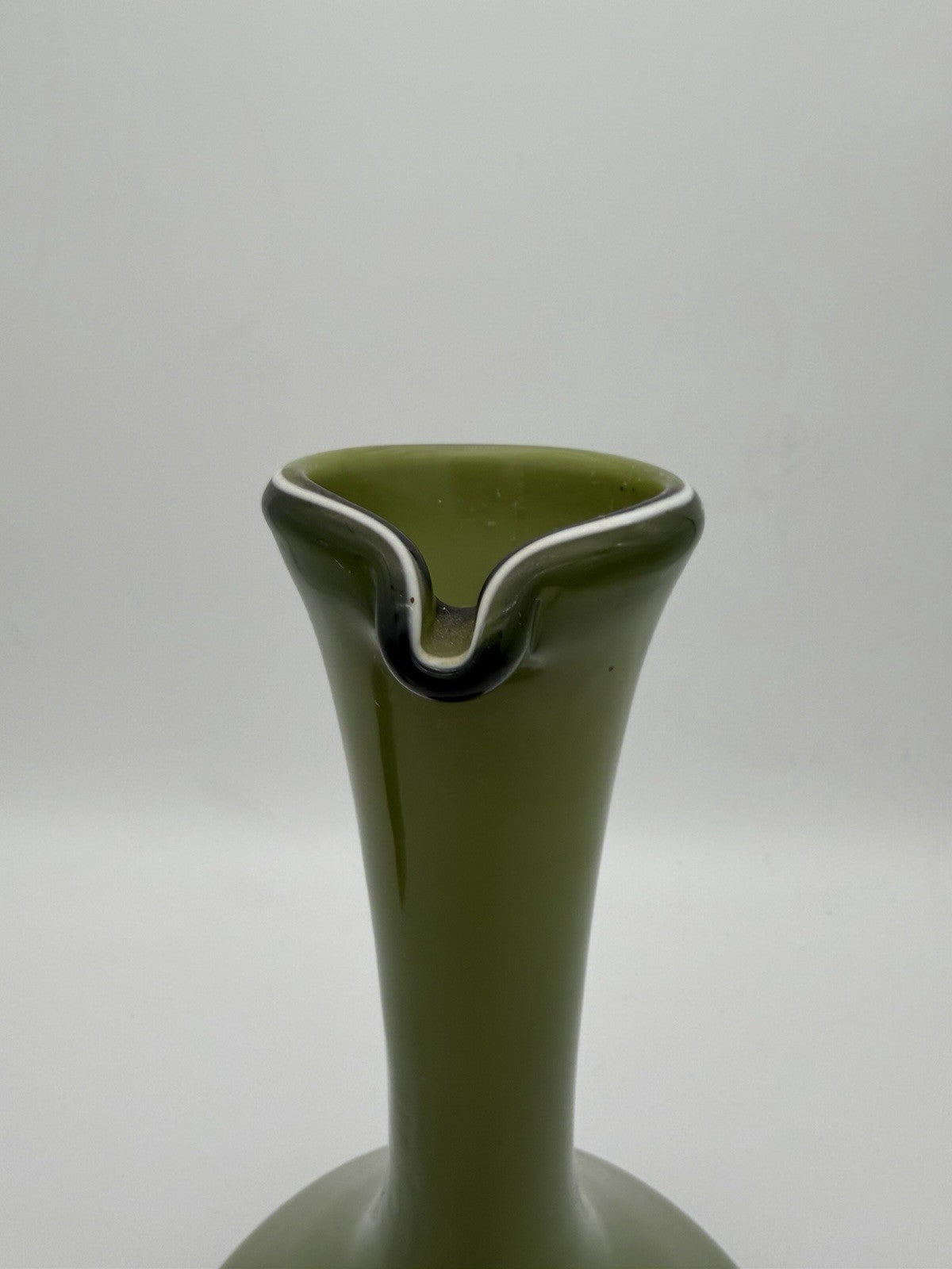MCM Empoli Italy Olive Green Cased Art Glass Ewer Pitcher Wine Bottle Italy 12”