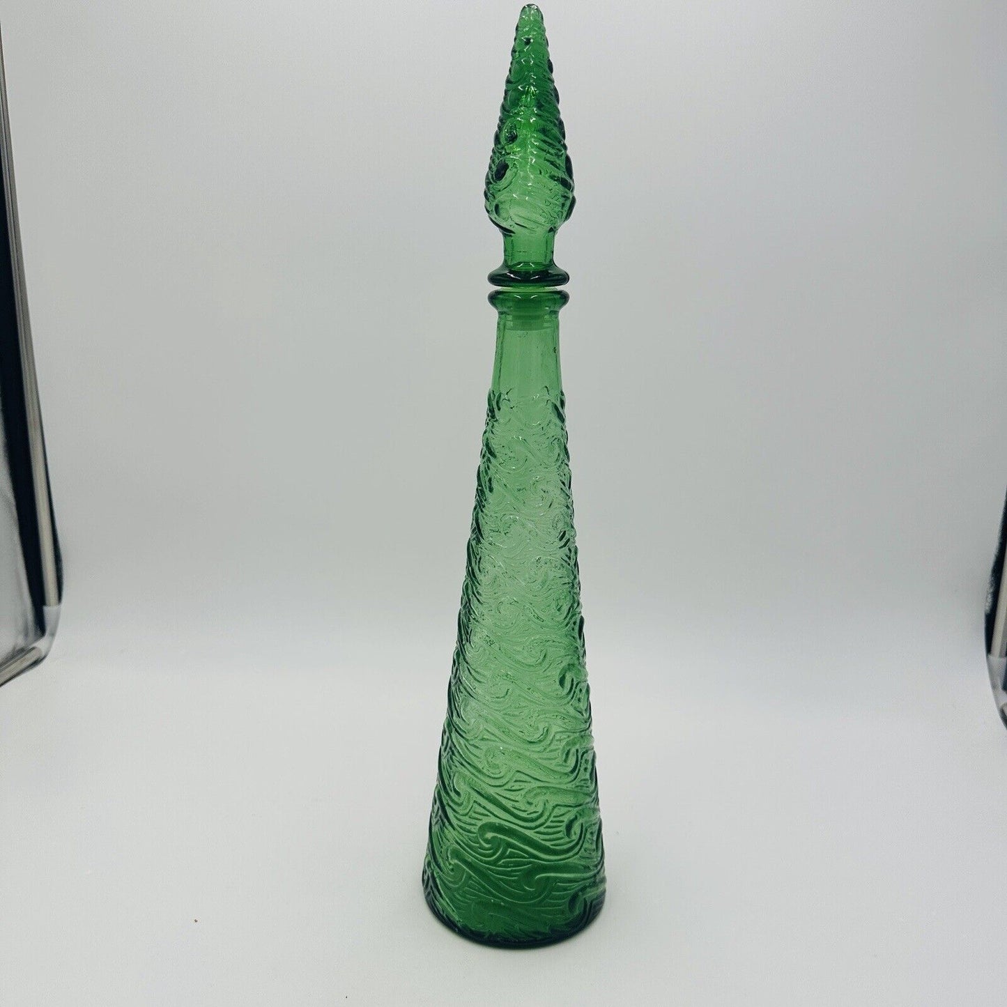 Empoli Glass Decanter Green Wave Italy Stopper 18in H Vintage Mid Century Modern