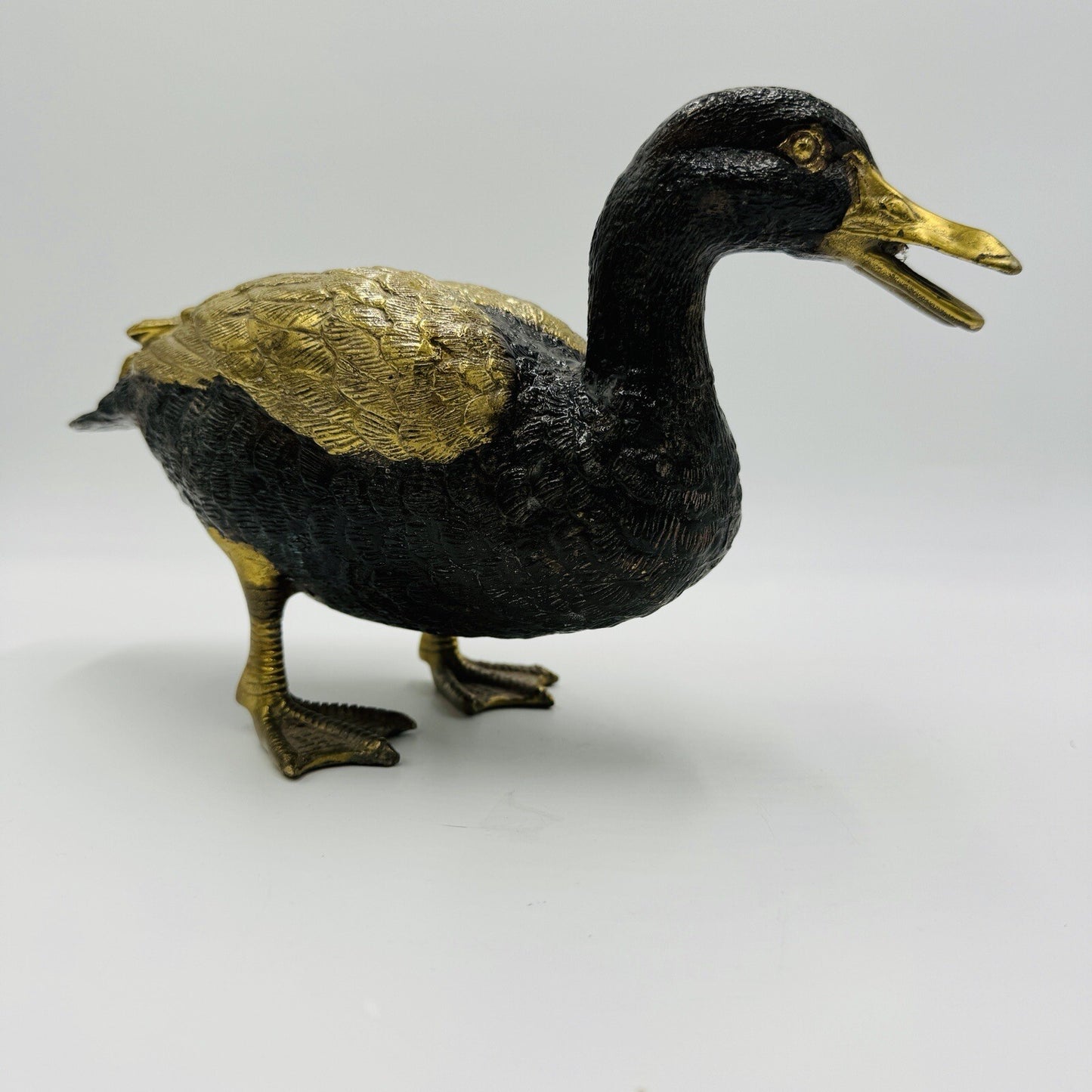 MCM Solid Brass Duck Mallard Sculpture Detailed Vintage 6in H x 11in L Rare