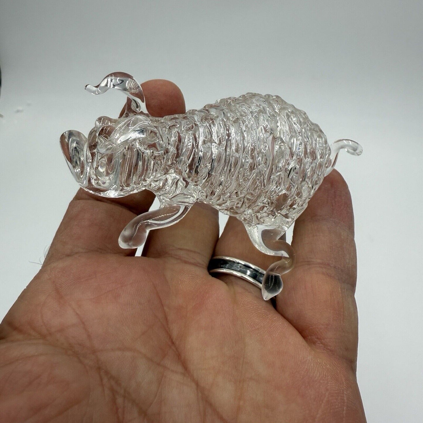 Hand Blown Art Glass Pig Figurine Swirl Design Clear Small 2” Hand Made